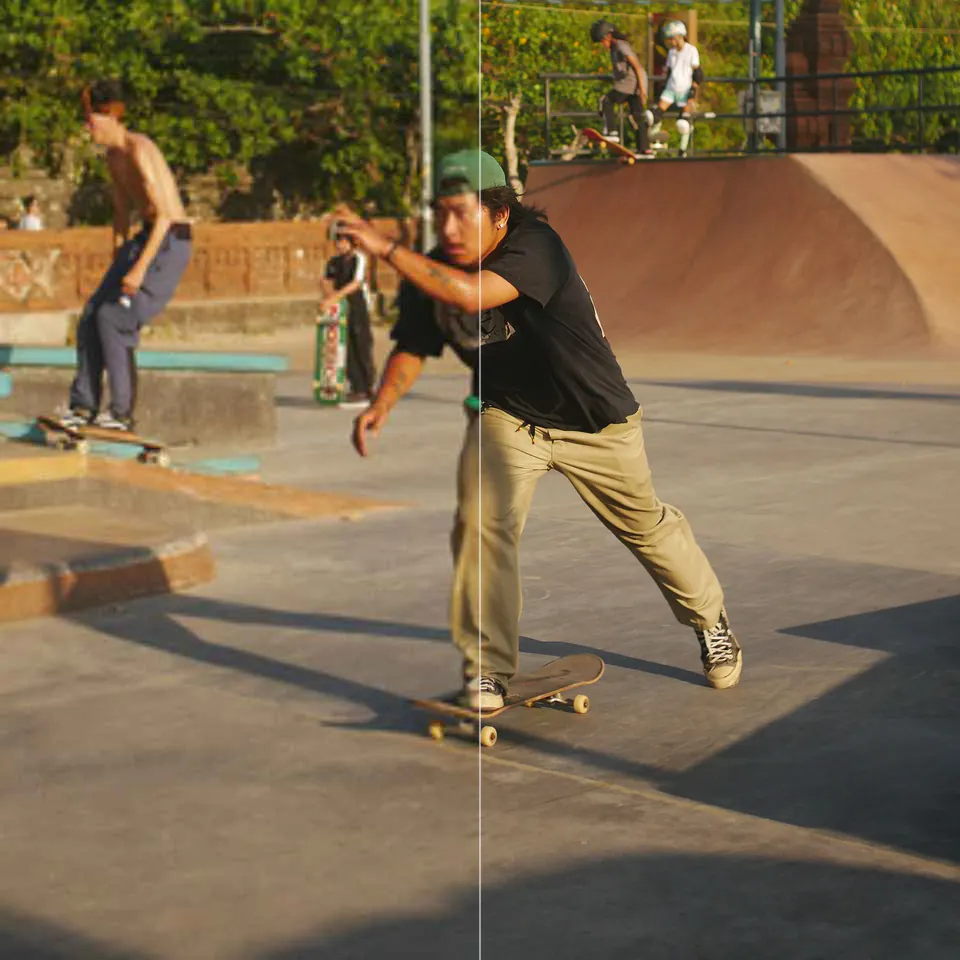 4k video converter comparison: a skatepark clip before and after conversion to 4K